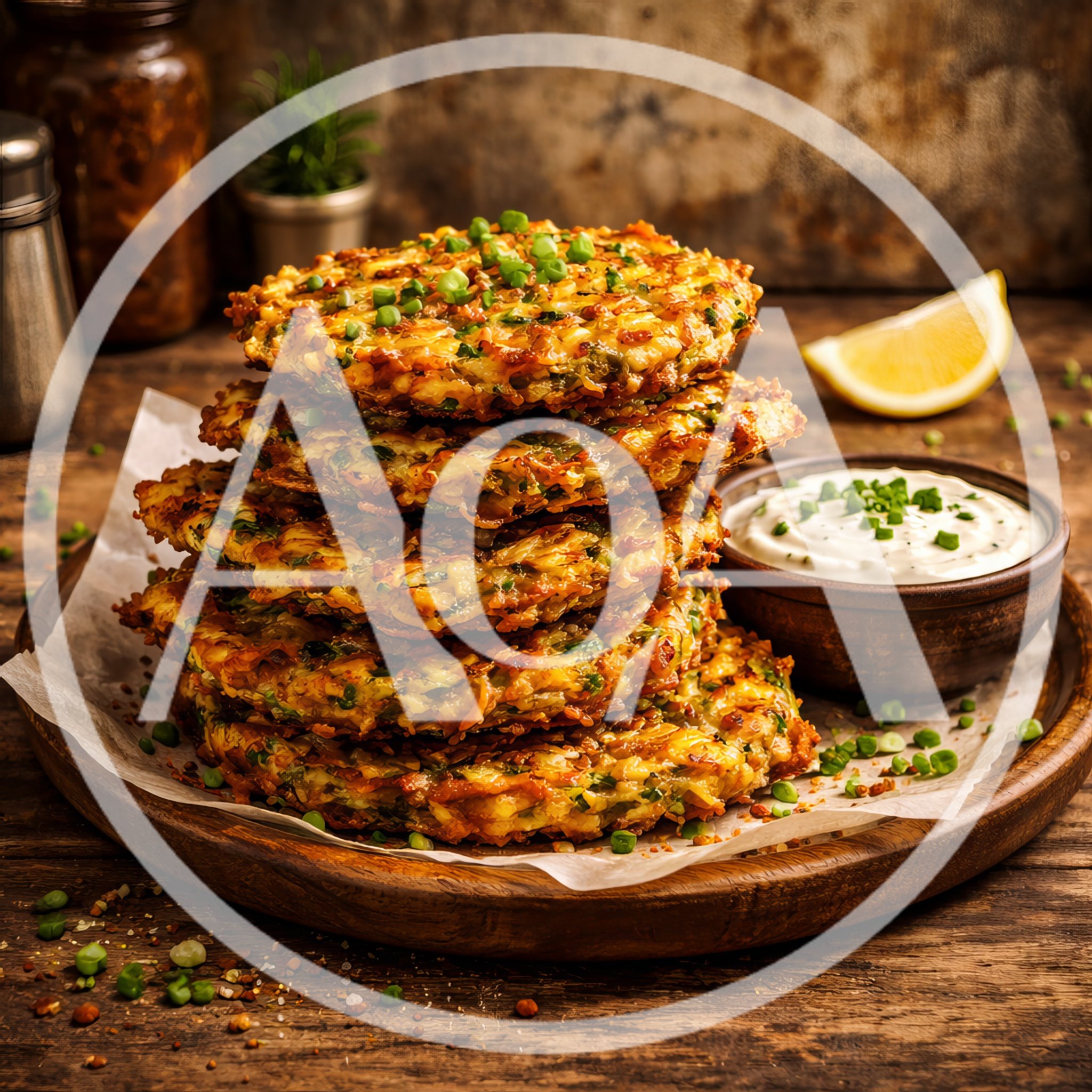 Stack of Crispy Vegetable Fritters with Dipping Sauce