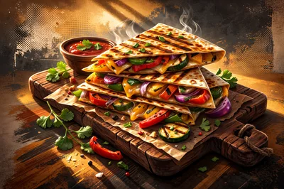 Grilled Vegetable Quesadillas on a Wooden Cutting Board