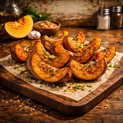 Roasted Pumpkin Wedges on a Wooden Cutting Board