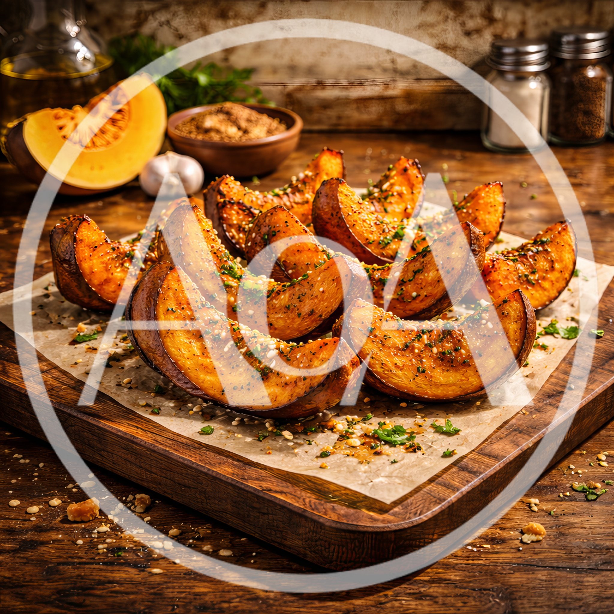 Roasted Pumpkin Wedges on a Wooden Cutting Board