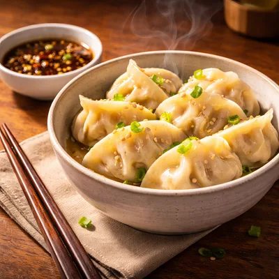 Steaming Dumplings in a Ceramic Bowl with Dipping Sauce