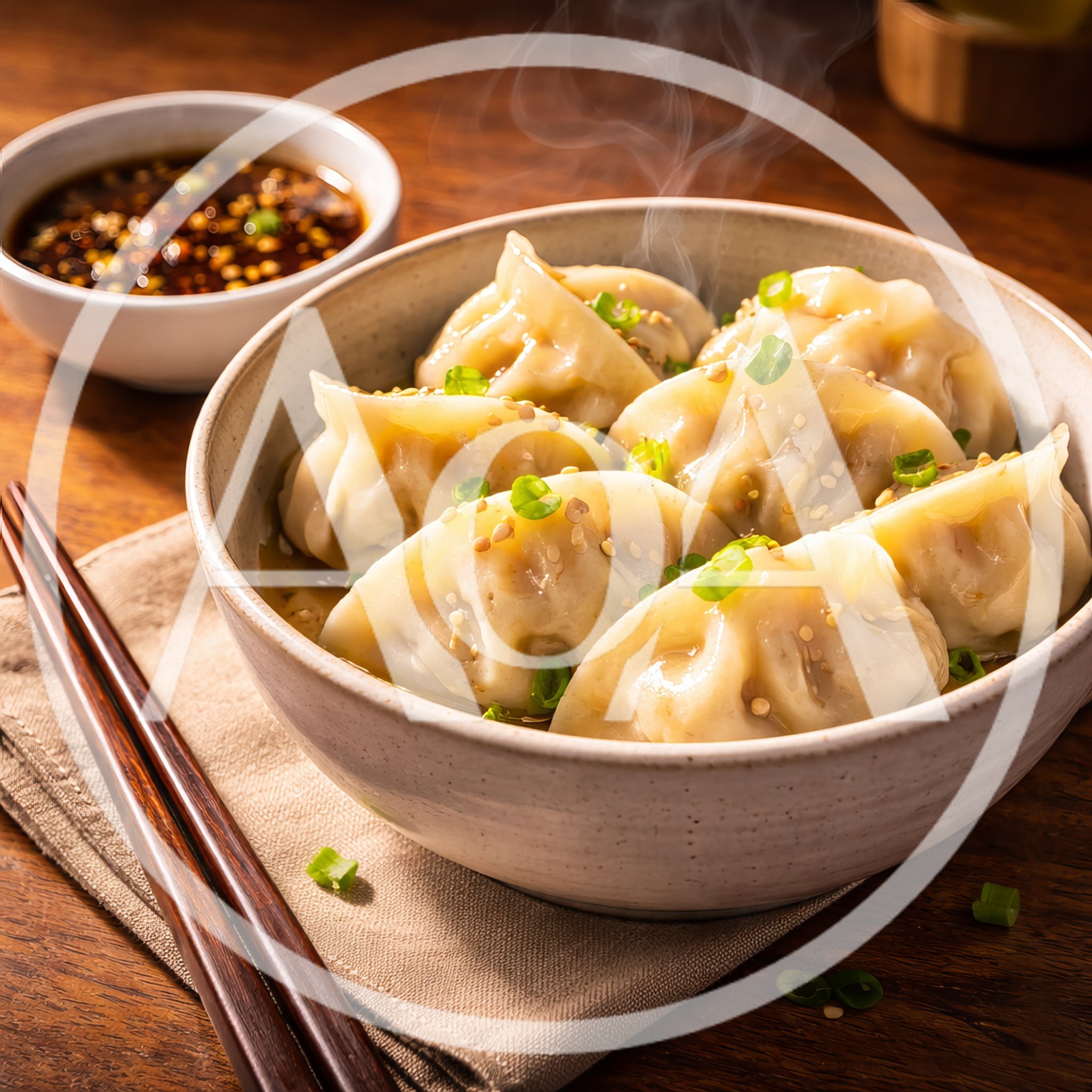 Steaming Dumplings in a Ceramic Bowl with Dipping Sauce