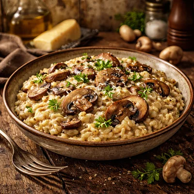 Creamy Mushroom Risotto Served In A Rustic Bowl
