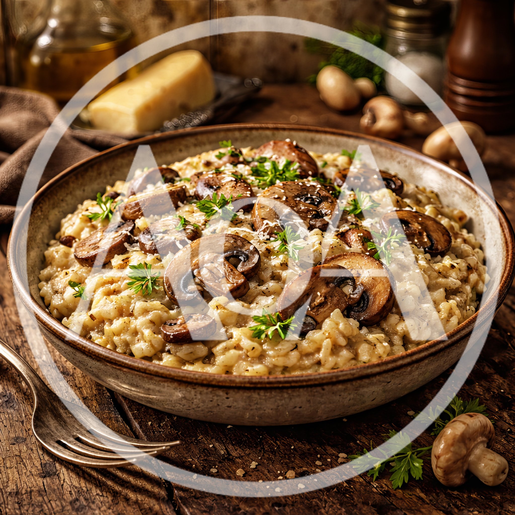 Creamy Mushroom Risotto Served In A Rustic Bowl