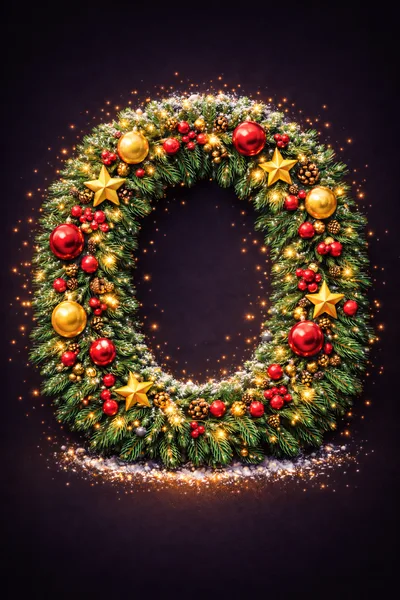 Festive Christmas Wreath With Ornaments And Golden Stars