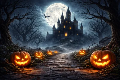 Spooky Halloween Castle With Glowing Jack O Lanterns