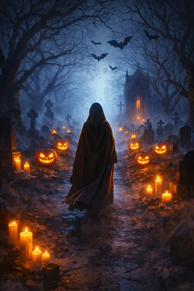 Cloaked Figure Walking Through A Haunted Halloween Cemetery