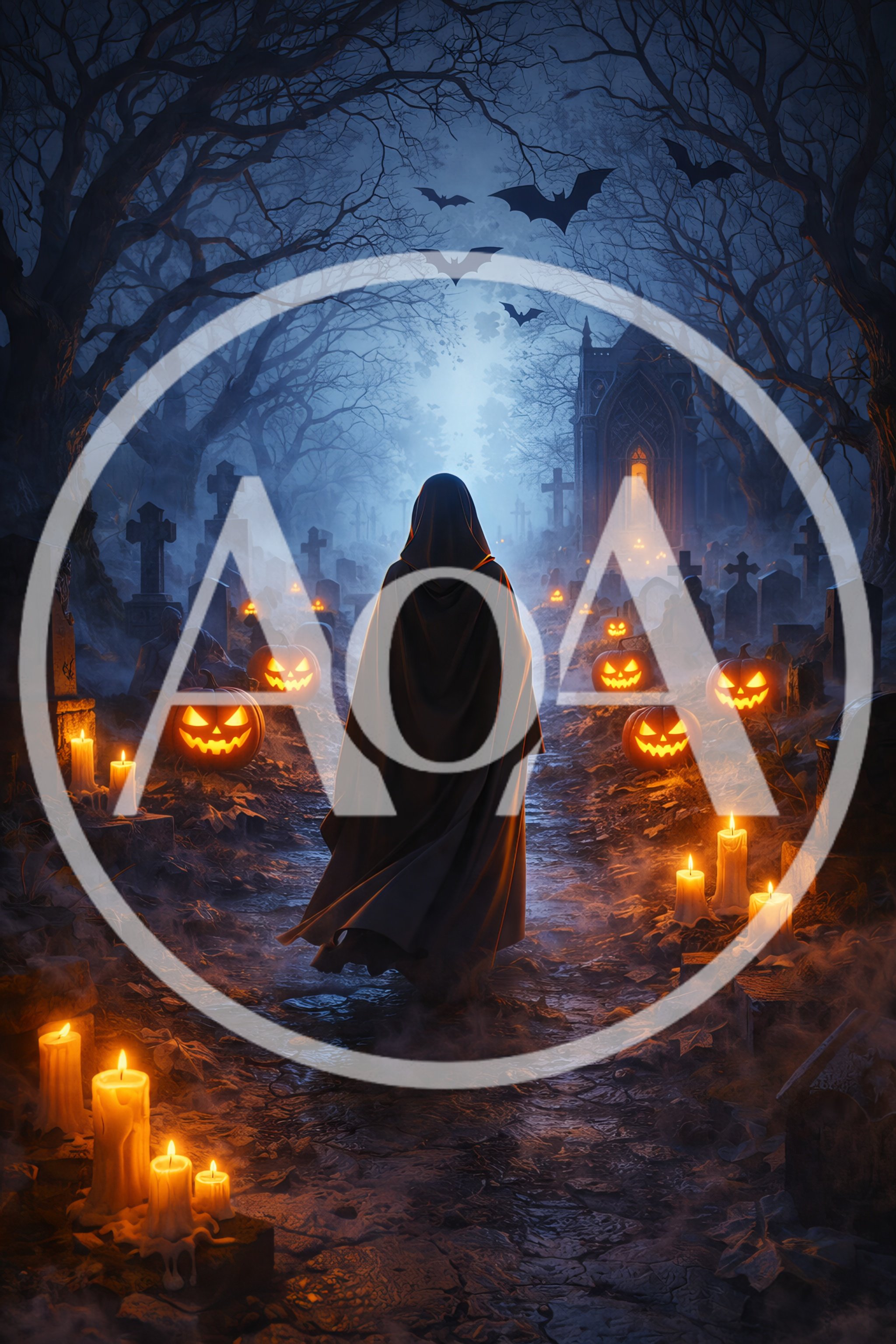 Cloaked Figure Walking Through A Haunted Halloween Cemetery