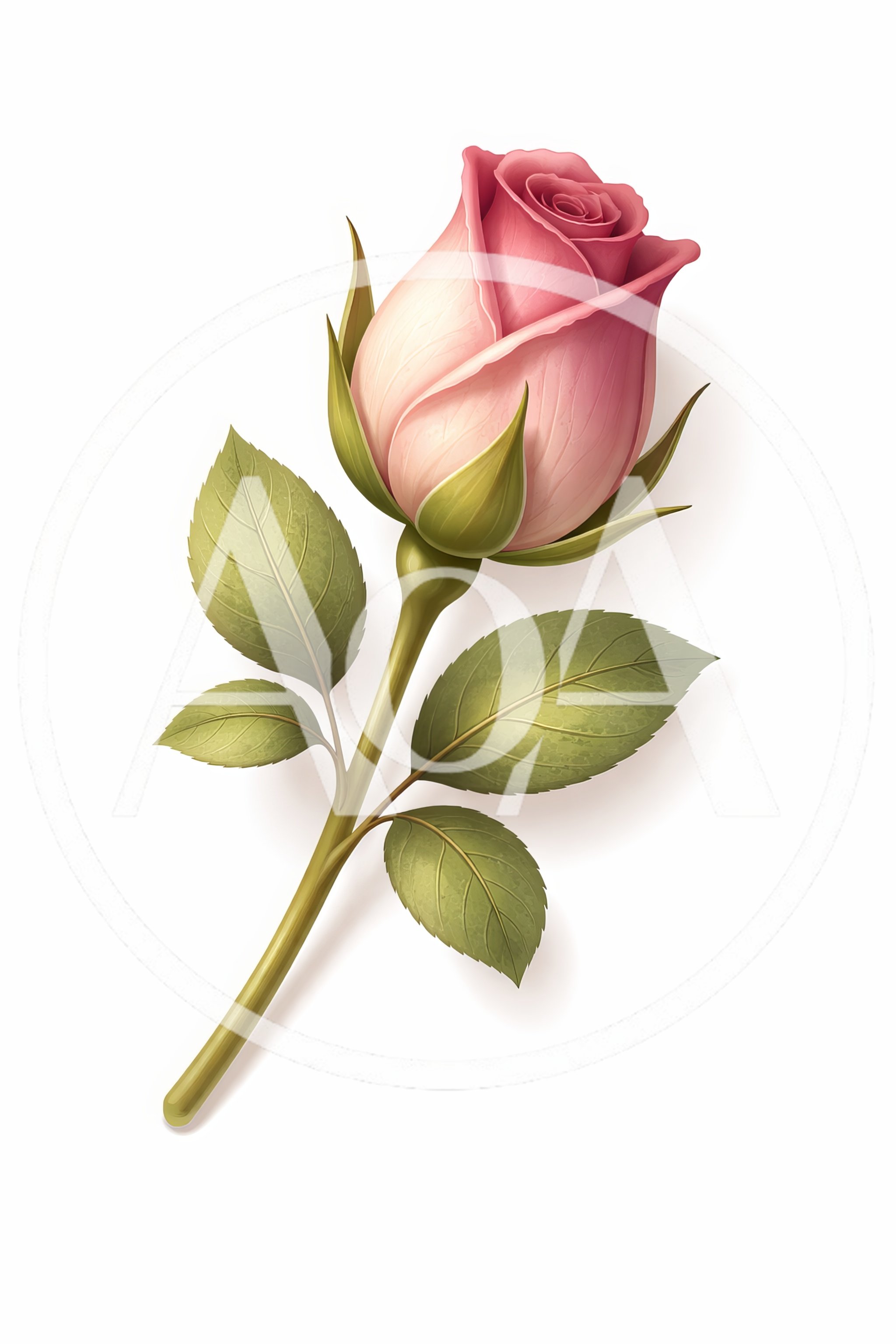 Single Pink Rose Bud With Green Leaves