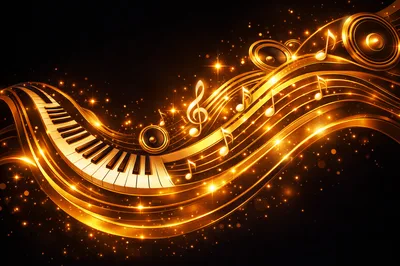 Golden Musical Abstract Background With Piano And Notes