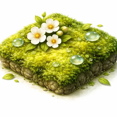 Isometric Mossy Earth Block With White Flowers