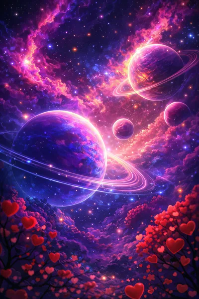 Surreal Cosmic Landscape With Floating Heart Shaped Trees