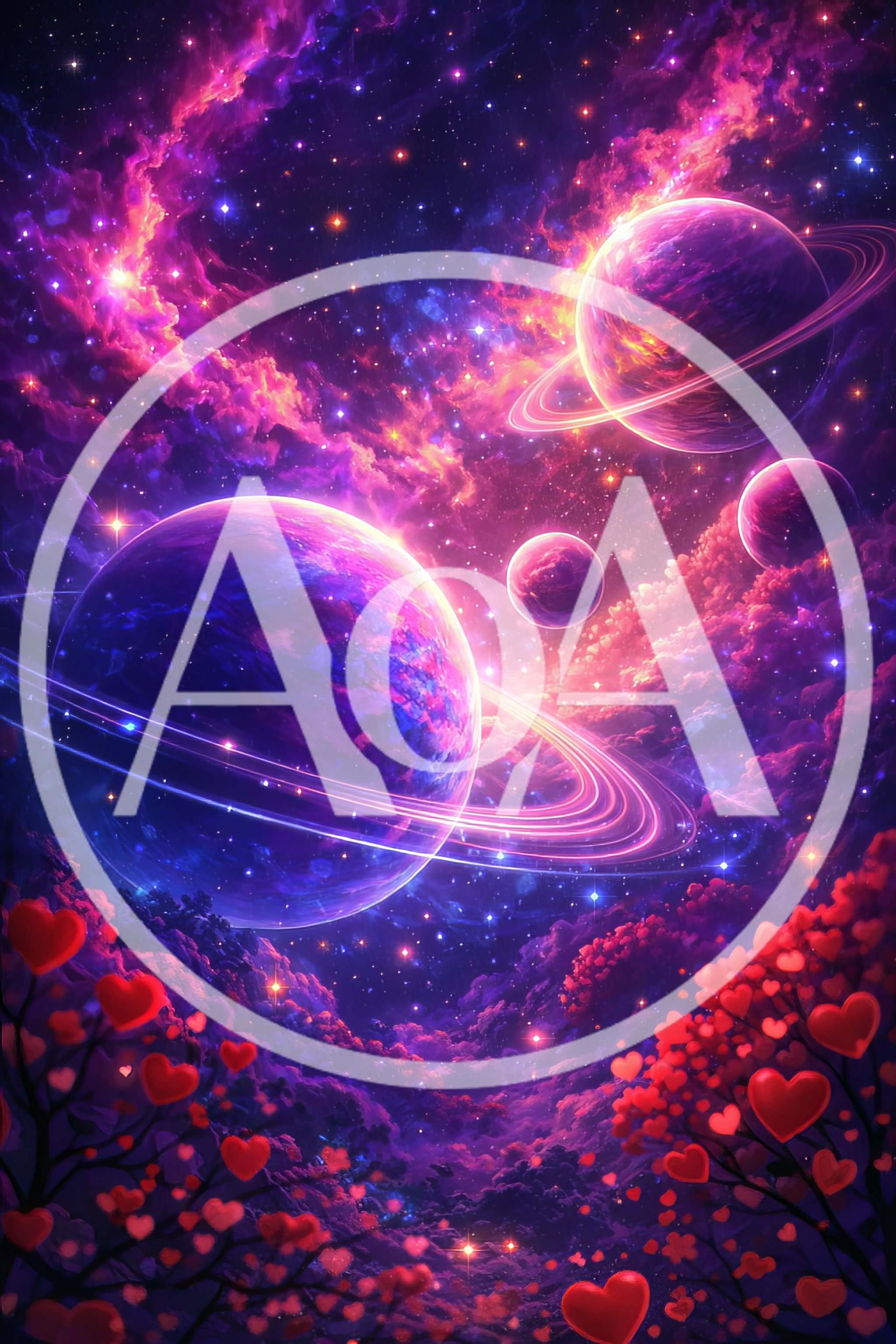 Surreal Cosmic Landscape With Floating Heart Shaped Trees