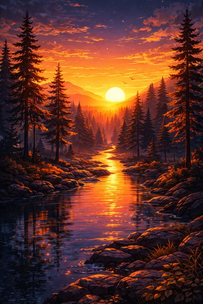 Golden Sunset Over A Serene Forest River