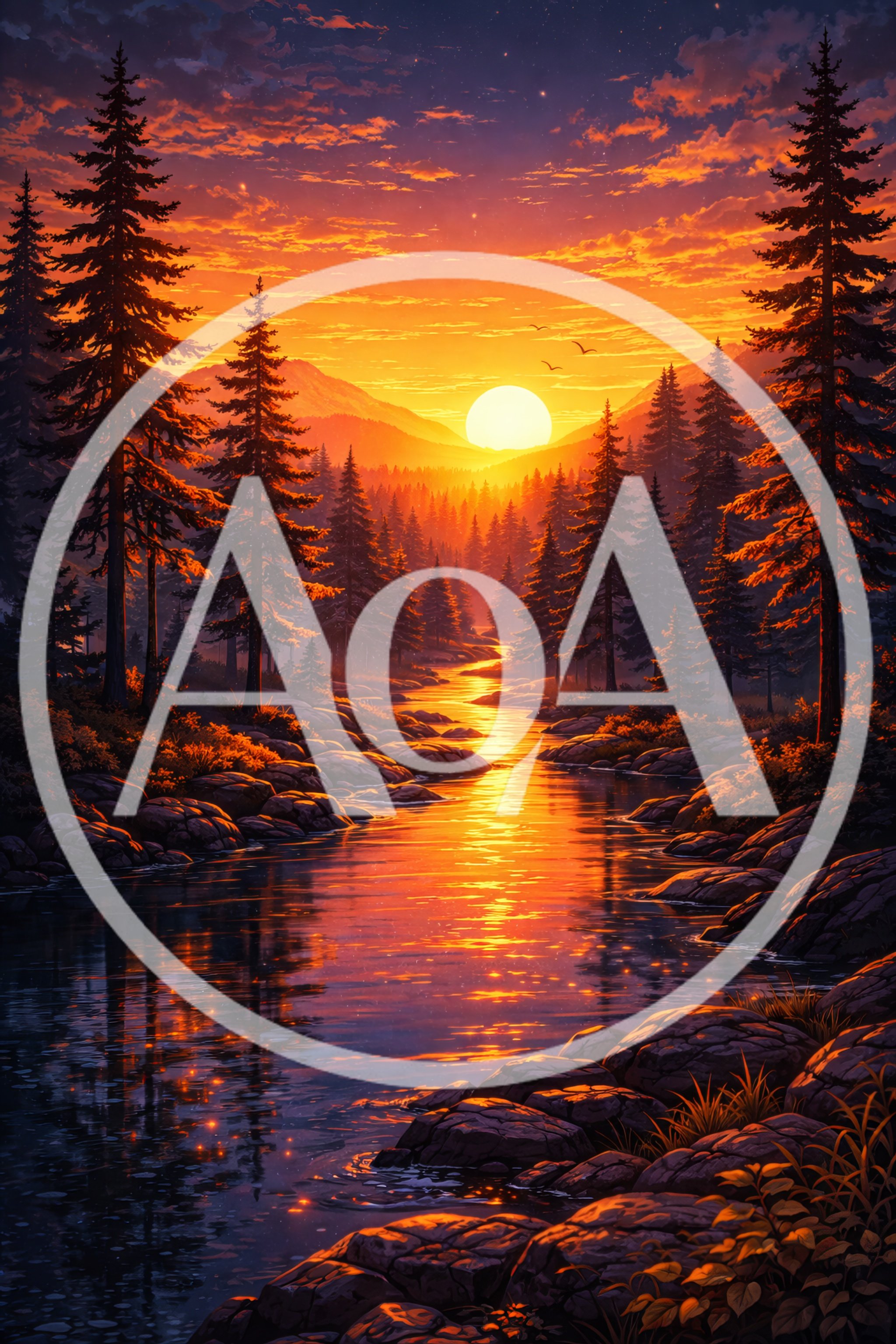 Golden Sunset Over A Serene Forest River