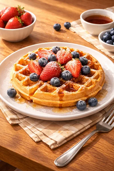Belgian Waffle Topped With Fresh Berries And Syrup