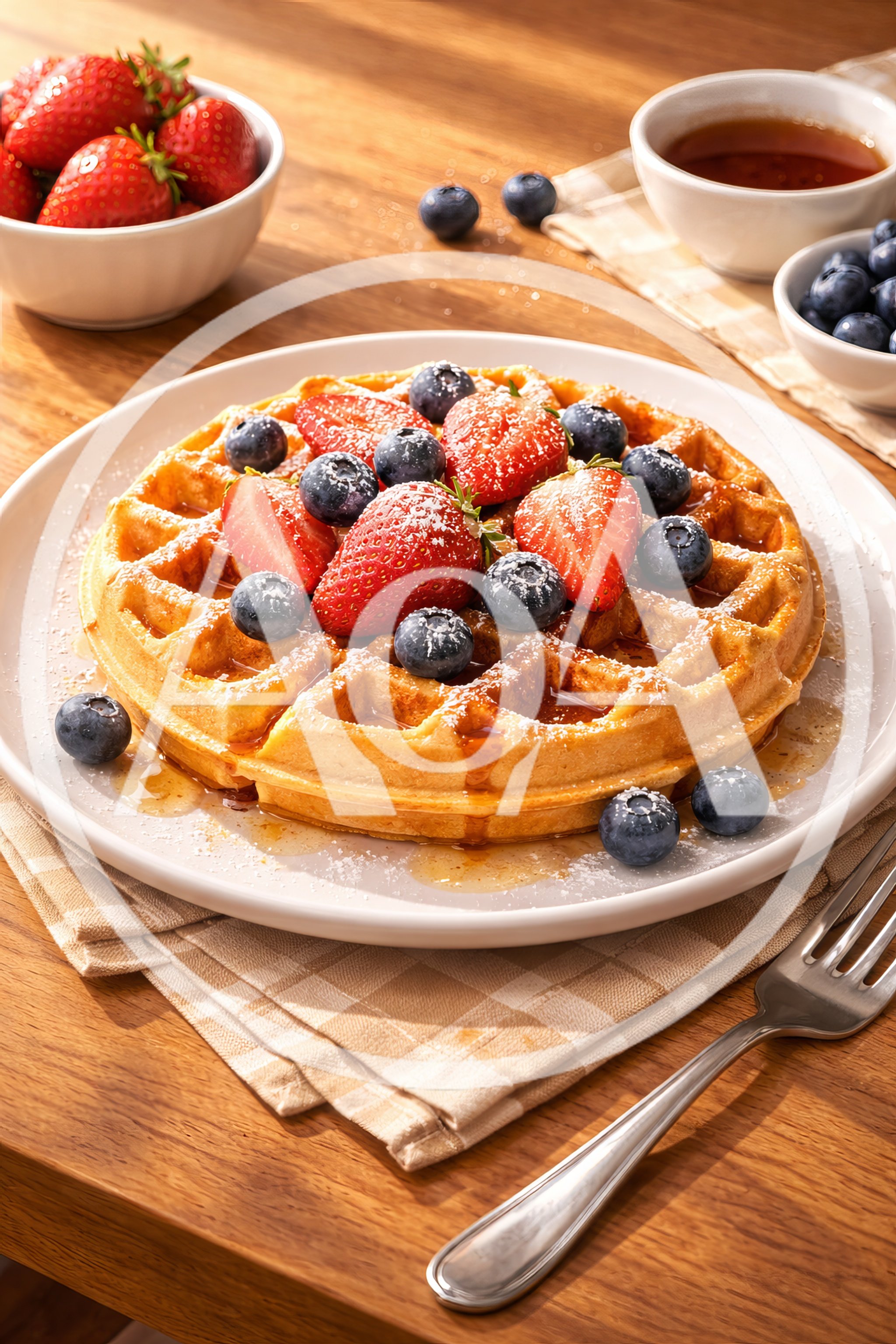 Belgian Waffle Topped With Fresh Berries And Syrup