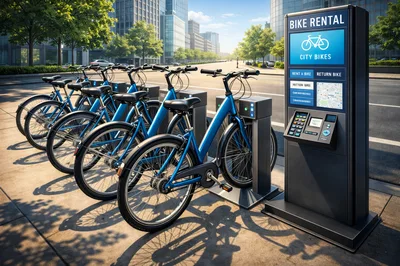 Blue City Rental Bicycles At An Automated Docking Station
