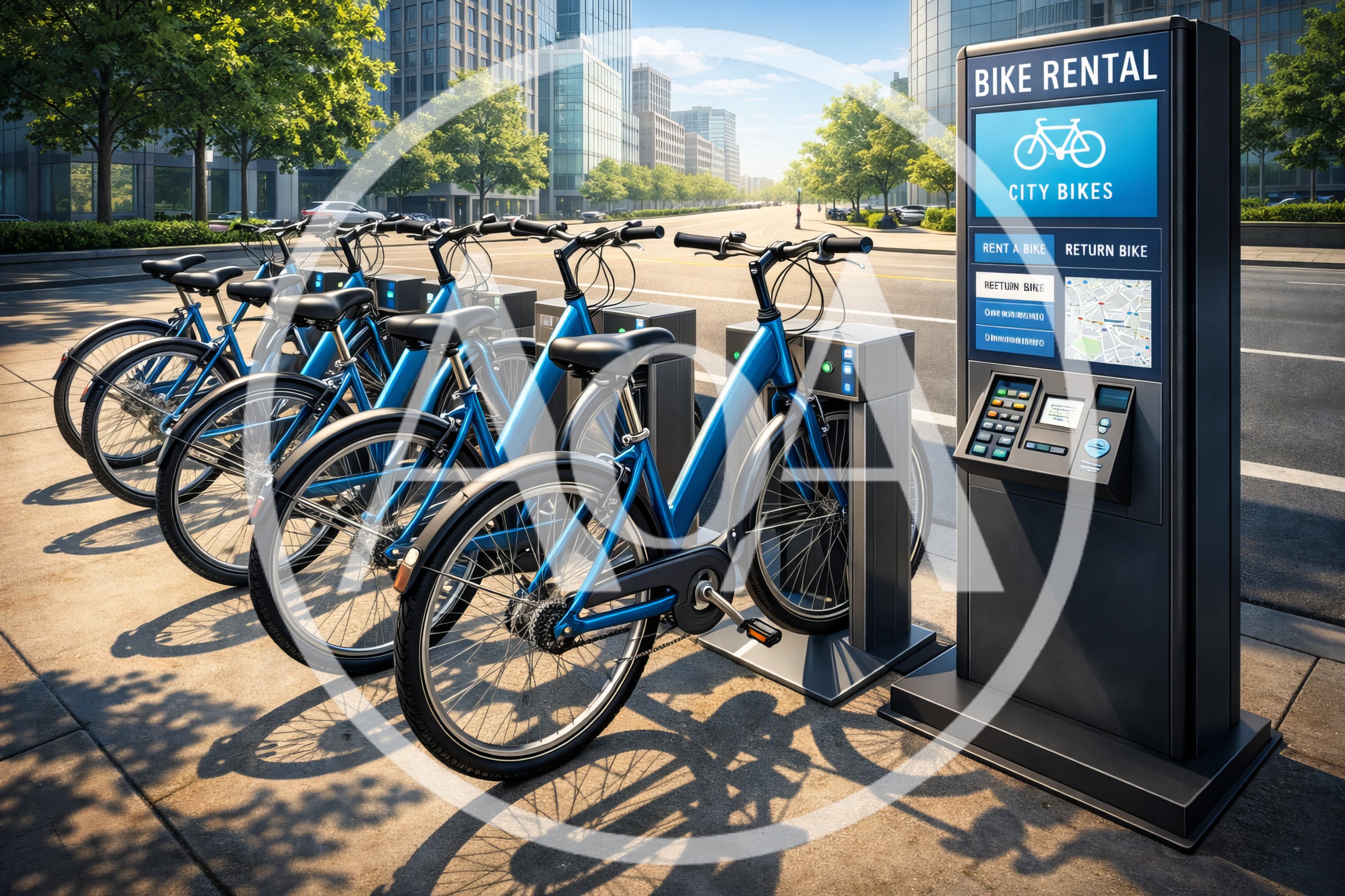 Blue City Rental Bicycles At An Automated Docking Station