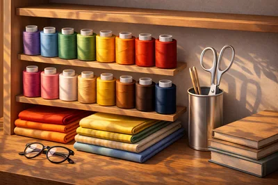 Organized Sewing Supplies With Thread Spools And Fabric
