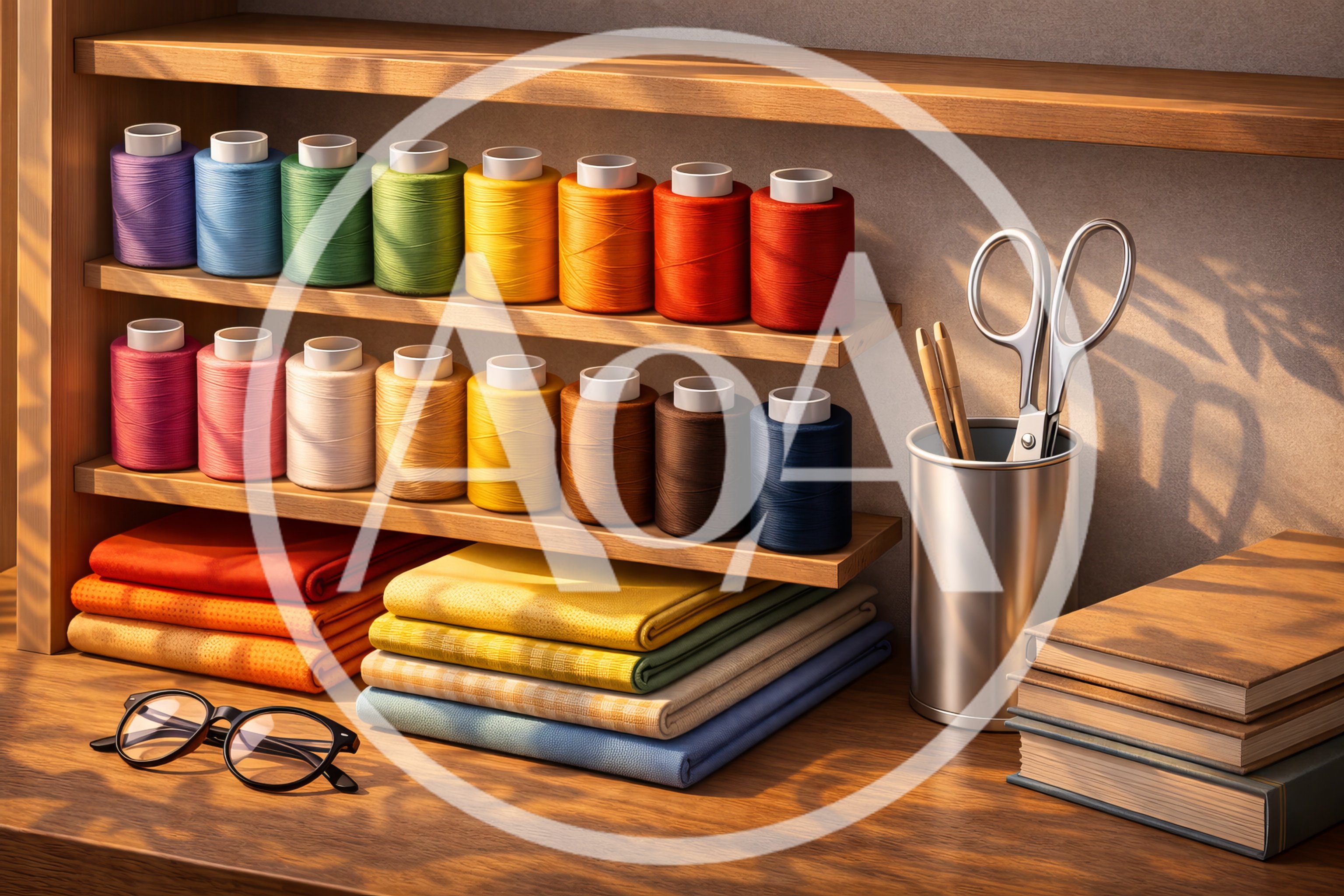 Organized Sewing Supplies With Thread Spools And Fabric