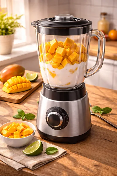 Blender Filled With Mango Chunks And Yogurt