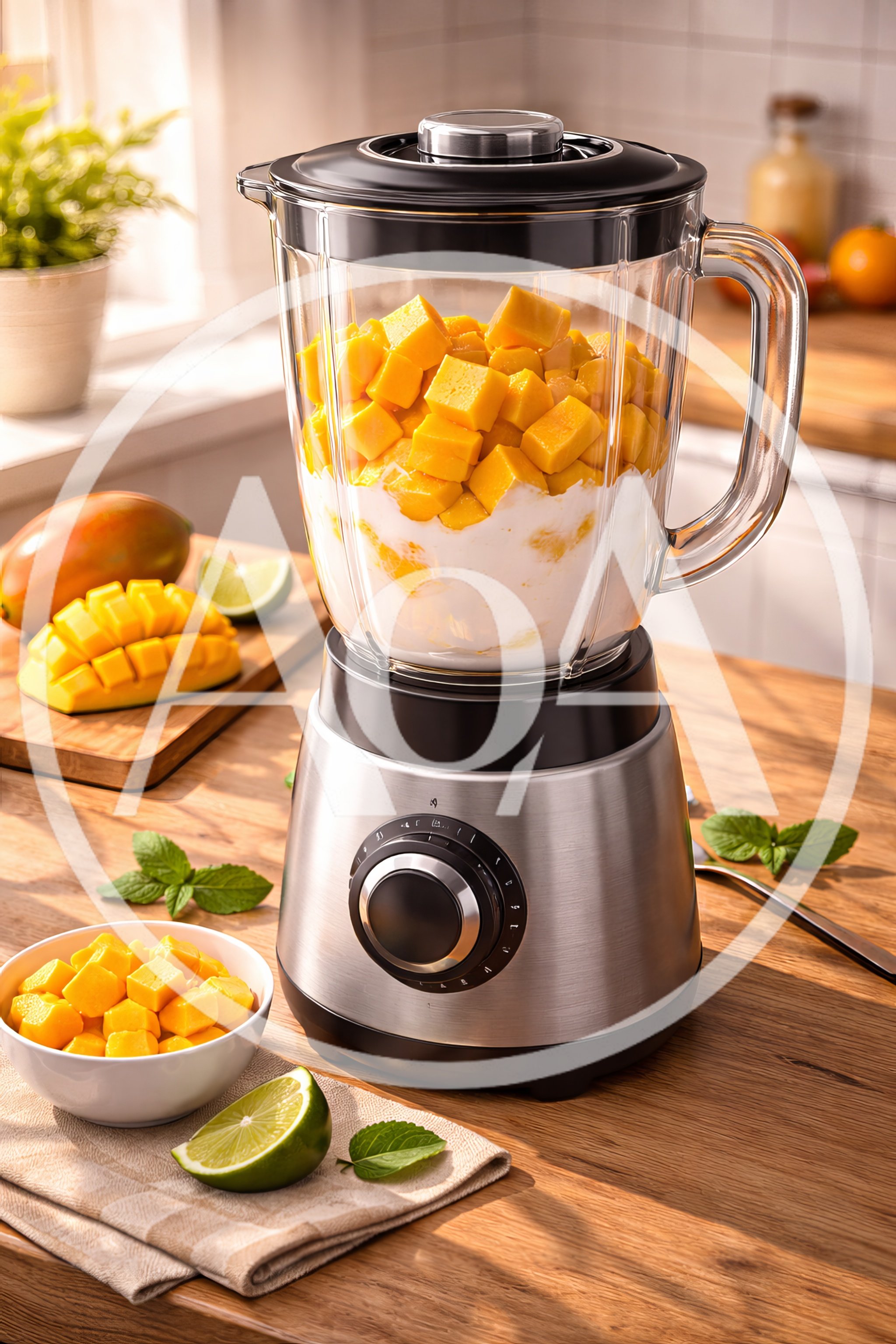 Blender Filled With Mango Chunks And Yogurt