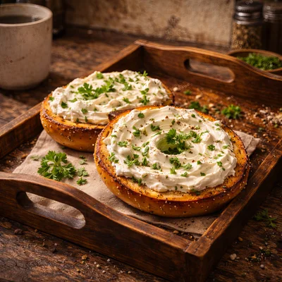 Two Toasted Bagels With Cream Cheese And Parsley