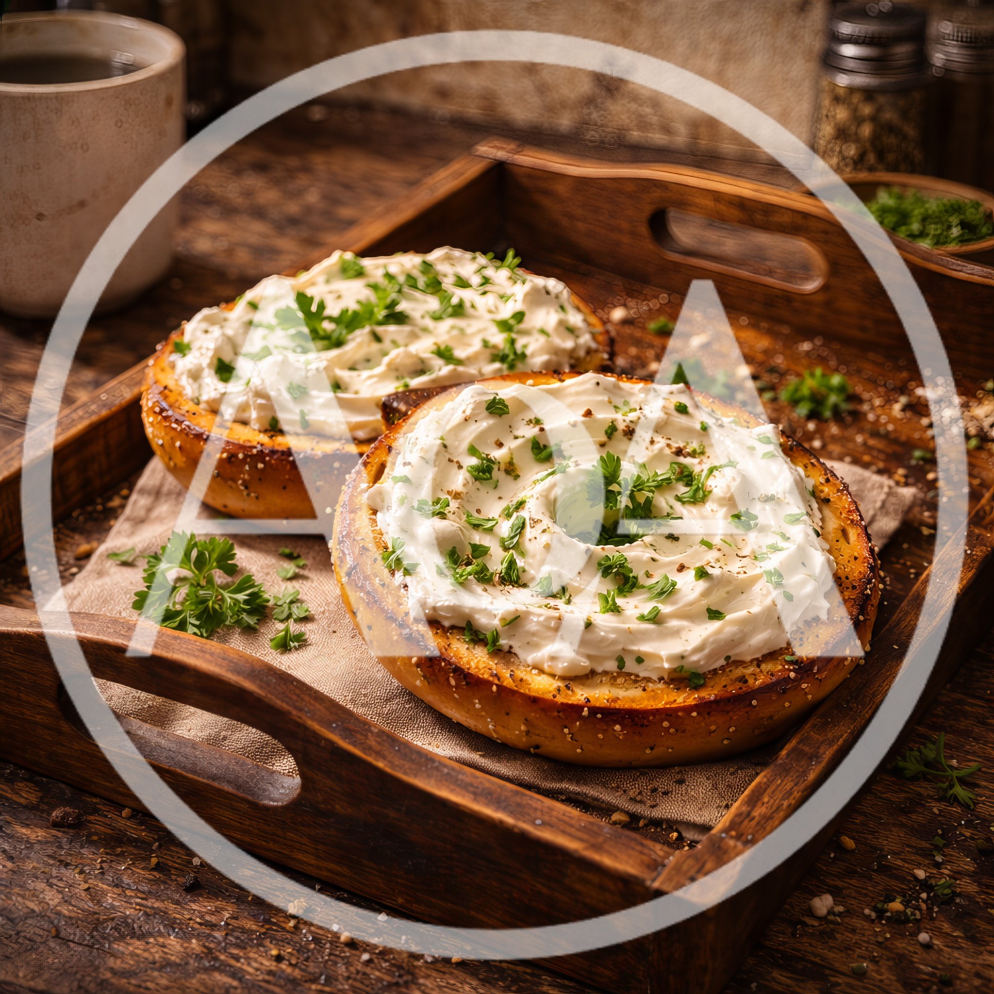 Two Toasted Bagels With Cream Cheese And Parsley