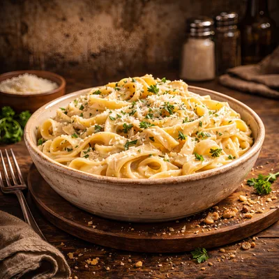 Creamy Fettuccine Alfredo Pasta in Rustic Bowl