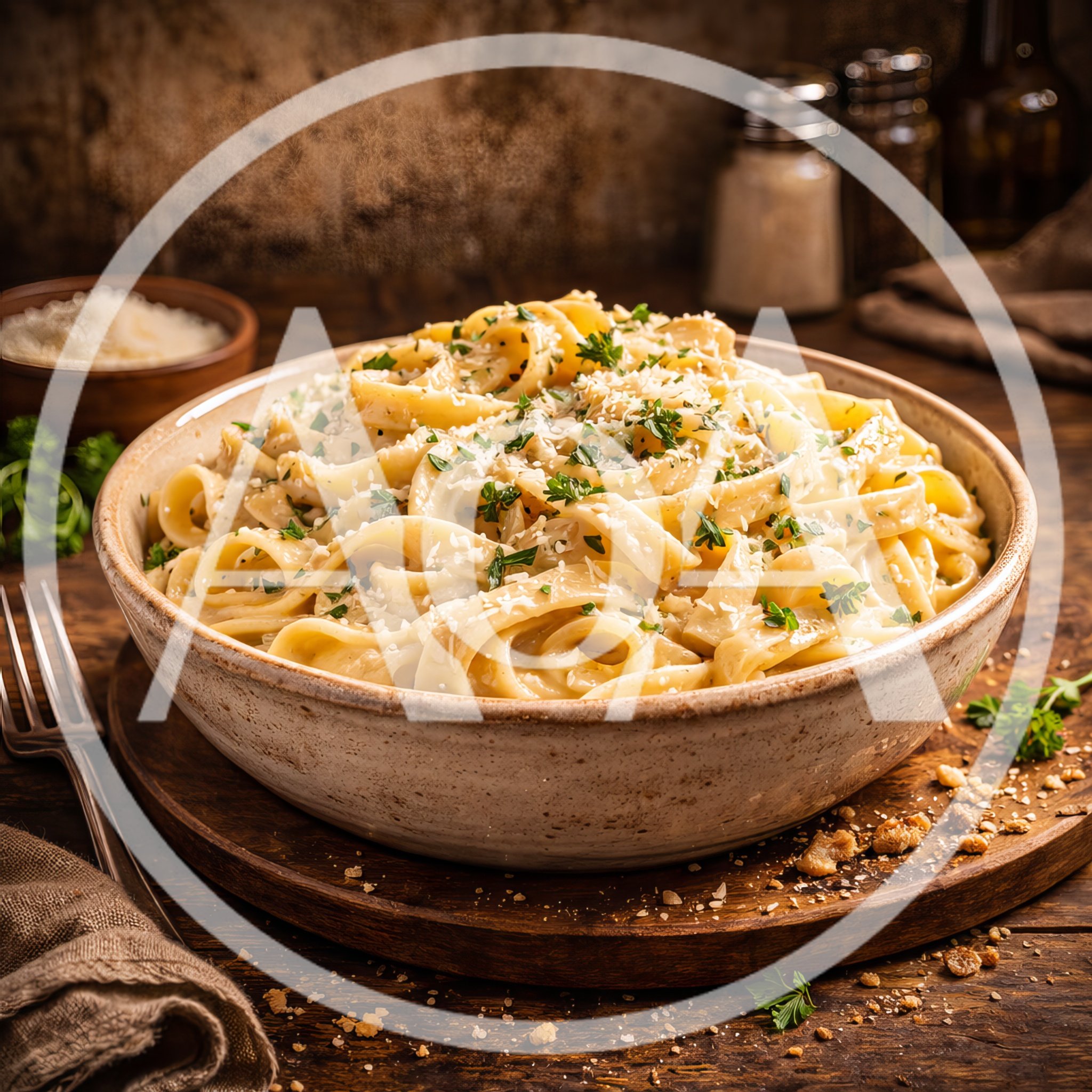 Creamy Fettuccine Alfredo Pasta in Rustic Bowl