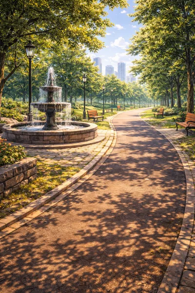 Scenic Park Pathway With Fountain And City Skyline