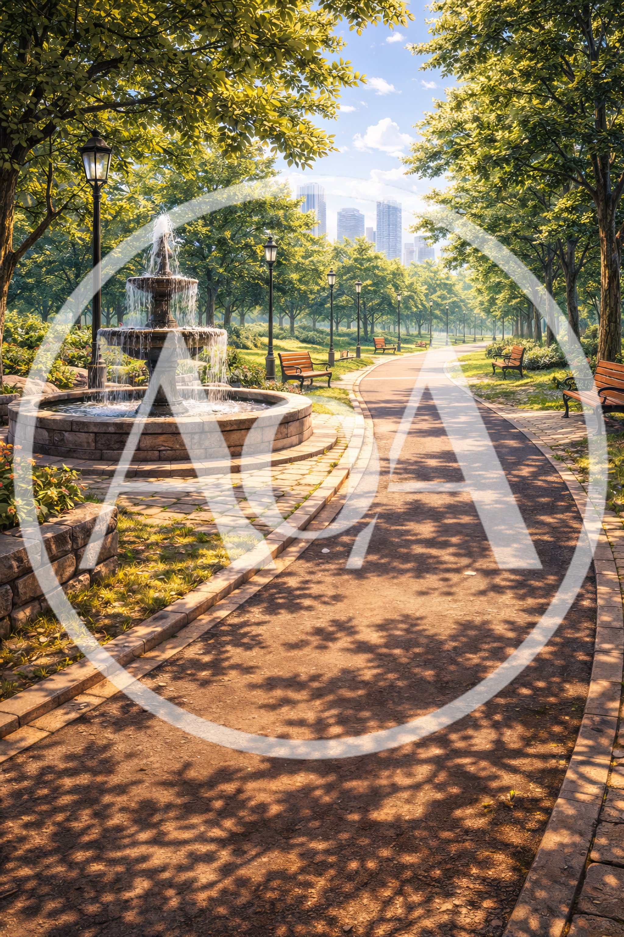 Scenic Park Pathway With Fountain And City Skyline