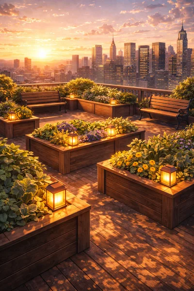 Rooftop Garden Terrace With City Skyline At Sunset