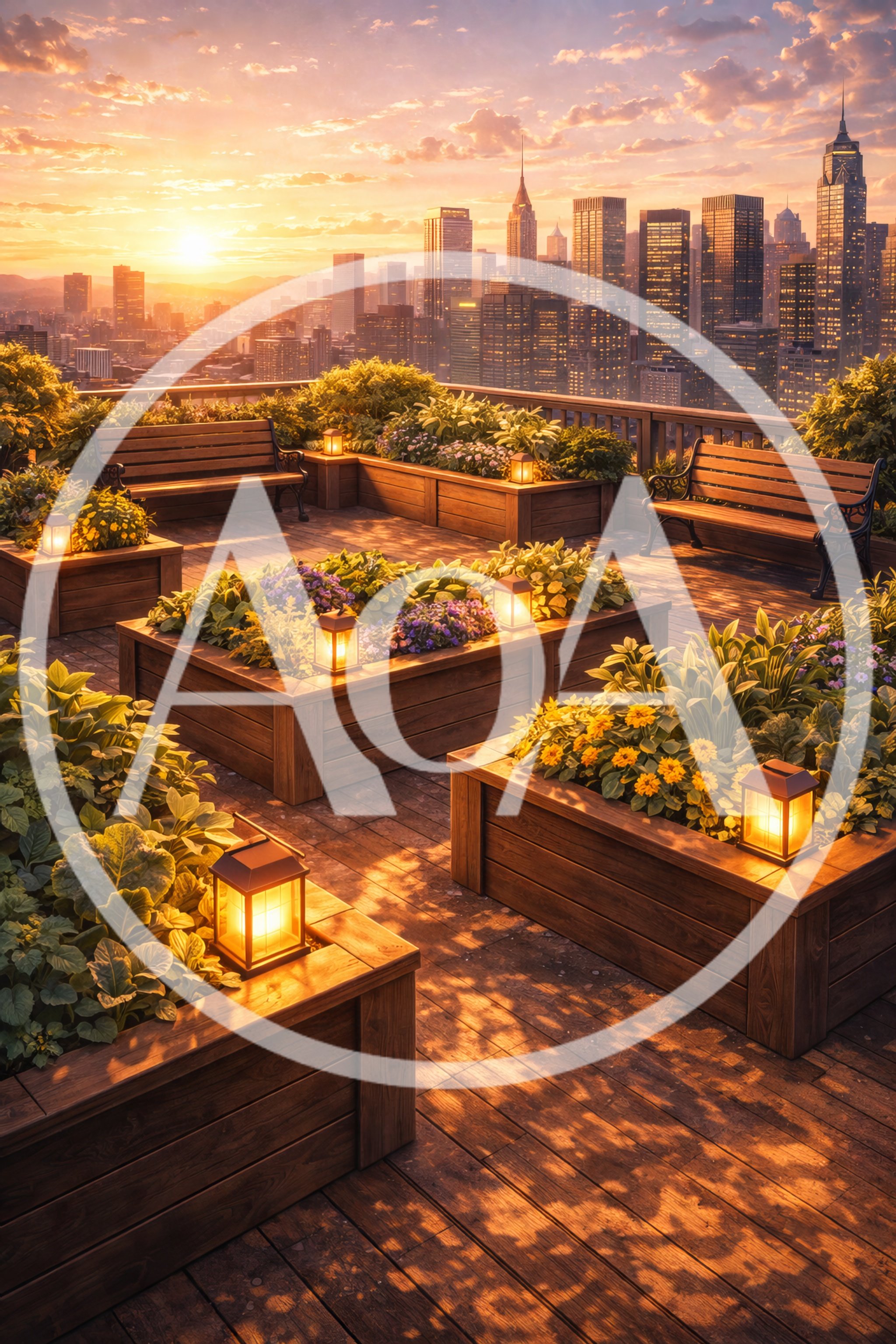 Rooftop Garden Terrace With City Skyline At Sunset