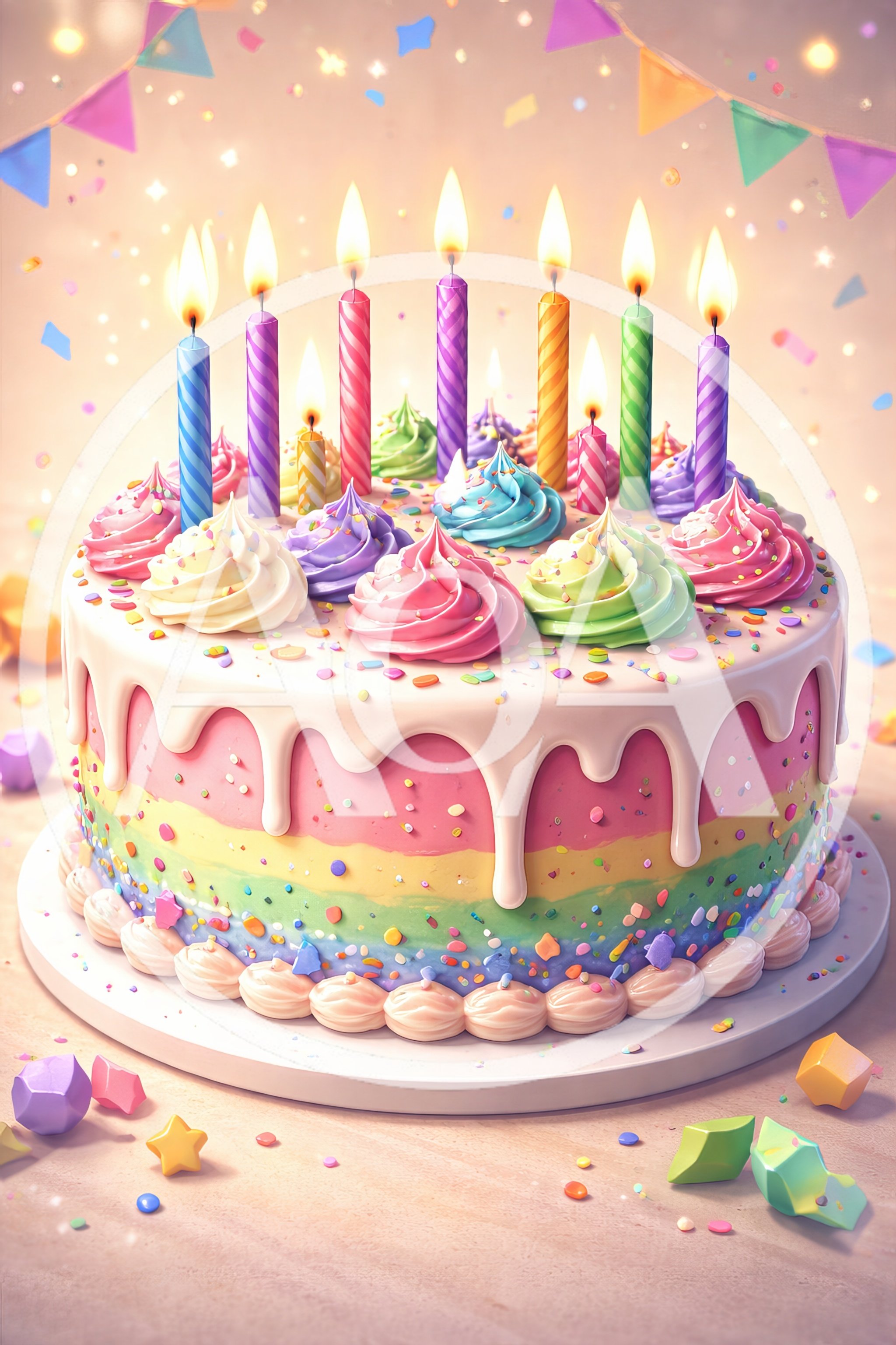 Festive Birthday Cake With Lit Candles