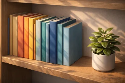 Rainbow Colored Books On A Wooden Shelf With Plant