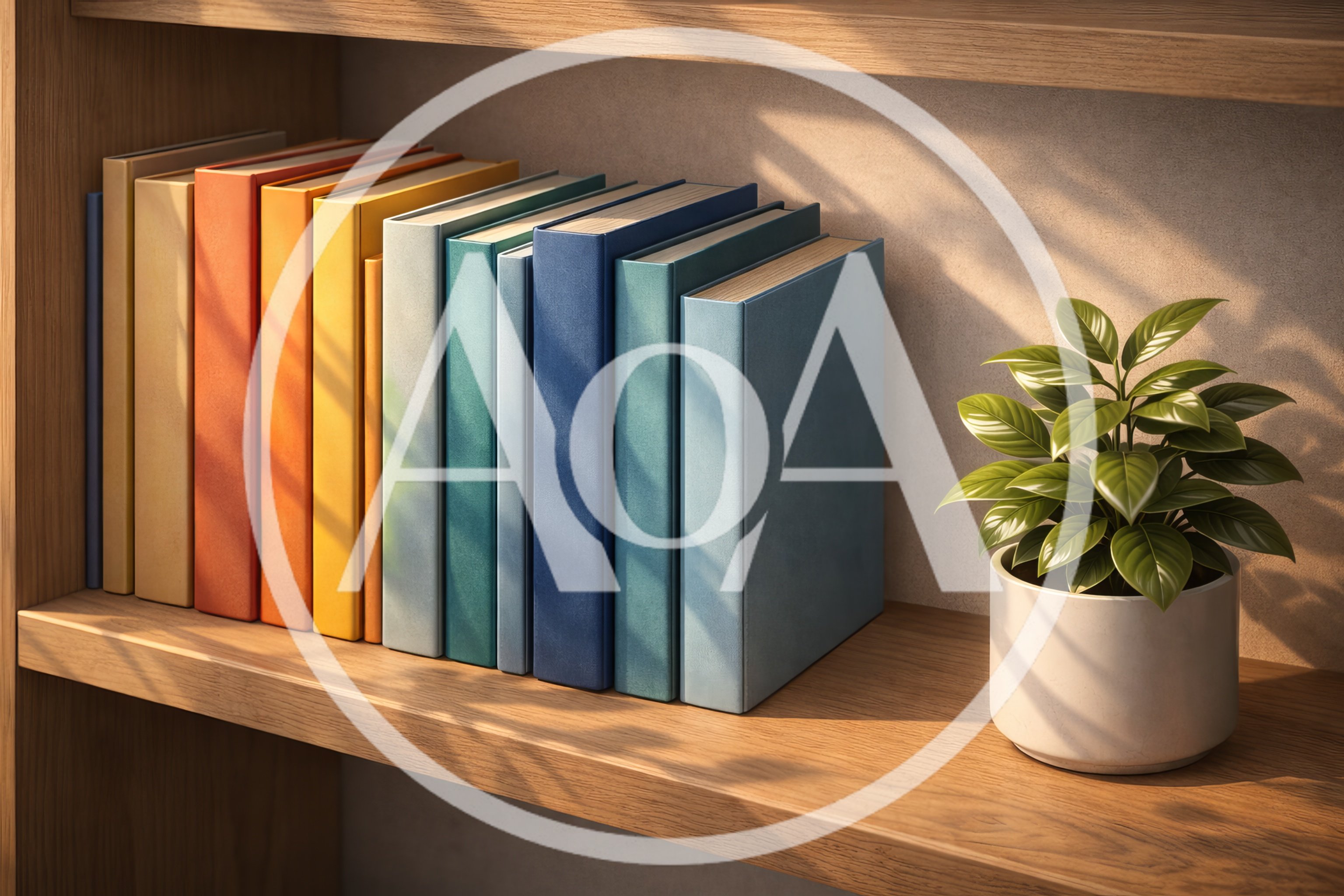 Rainbow Colored Books On A Wooden Shelf With Plant
