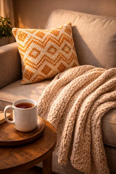 Cozy Living Room Scene With Tea And Blanket