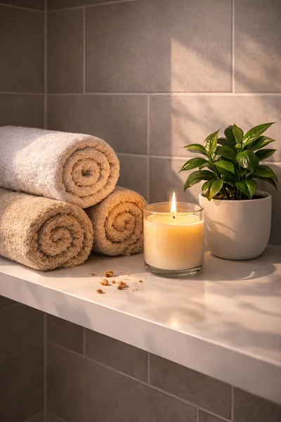 Spa Setting With Rolled Towels And Lit Candle