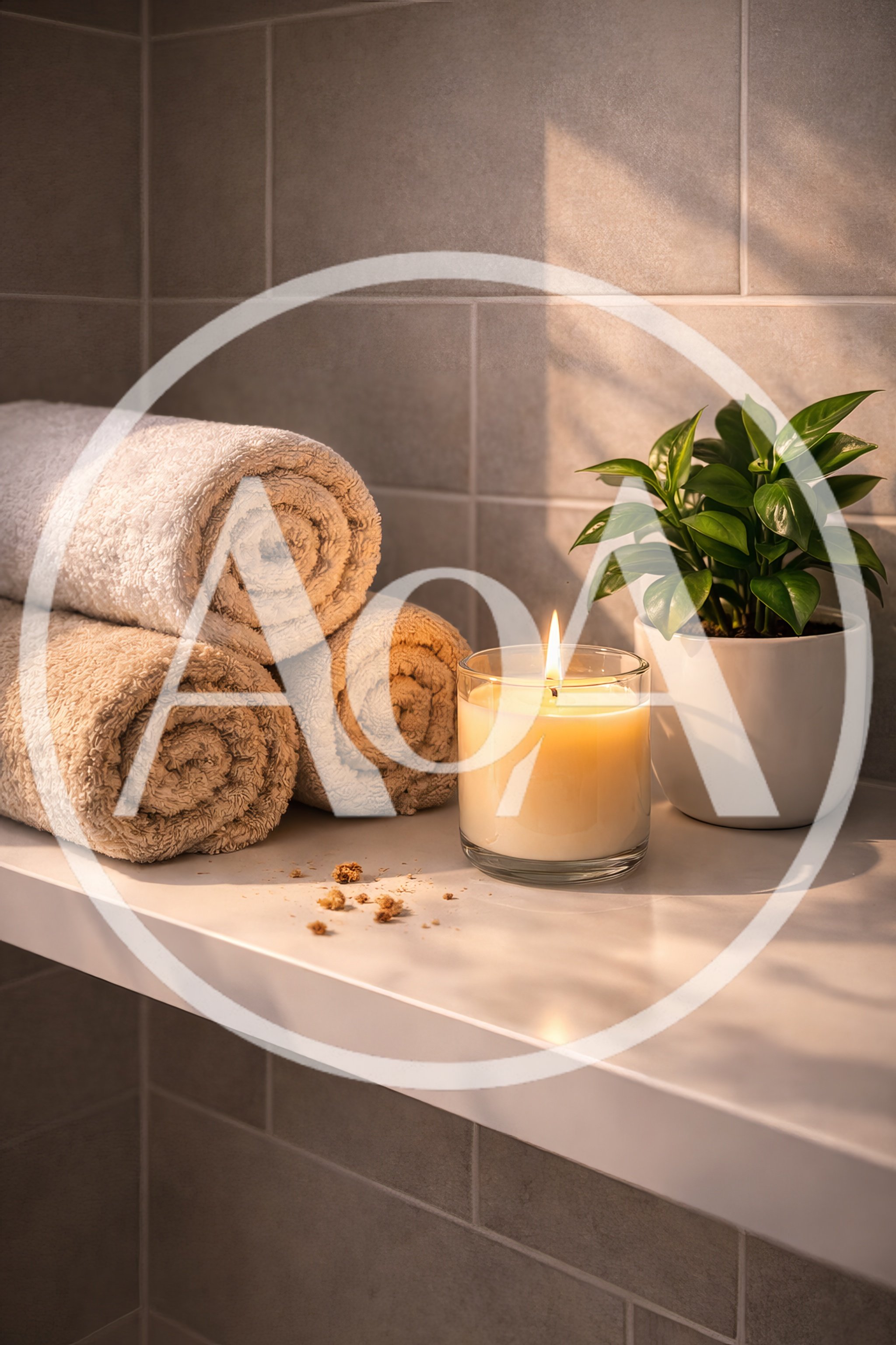 Spa Setting With Rolled Towels And Lit Candle