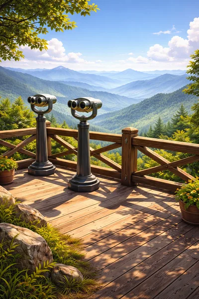 Observation Deck With Binoculars Overlooking Mountain Range