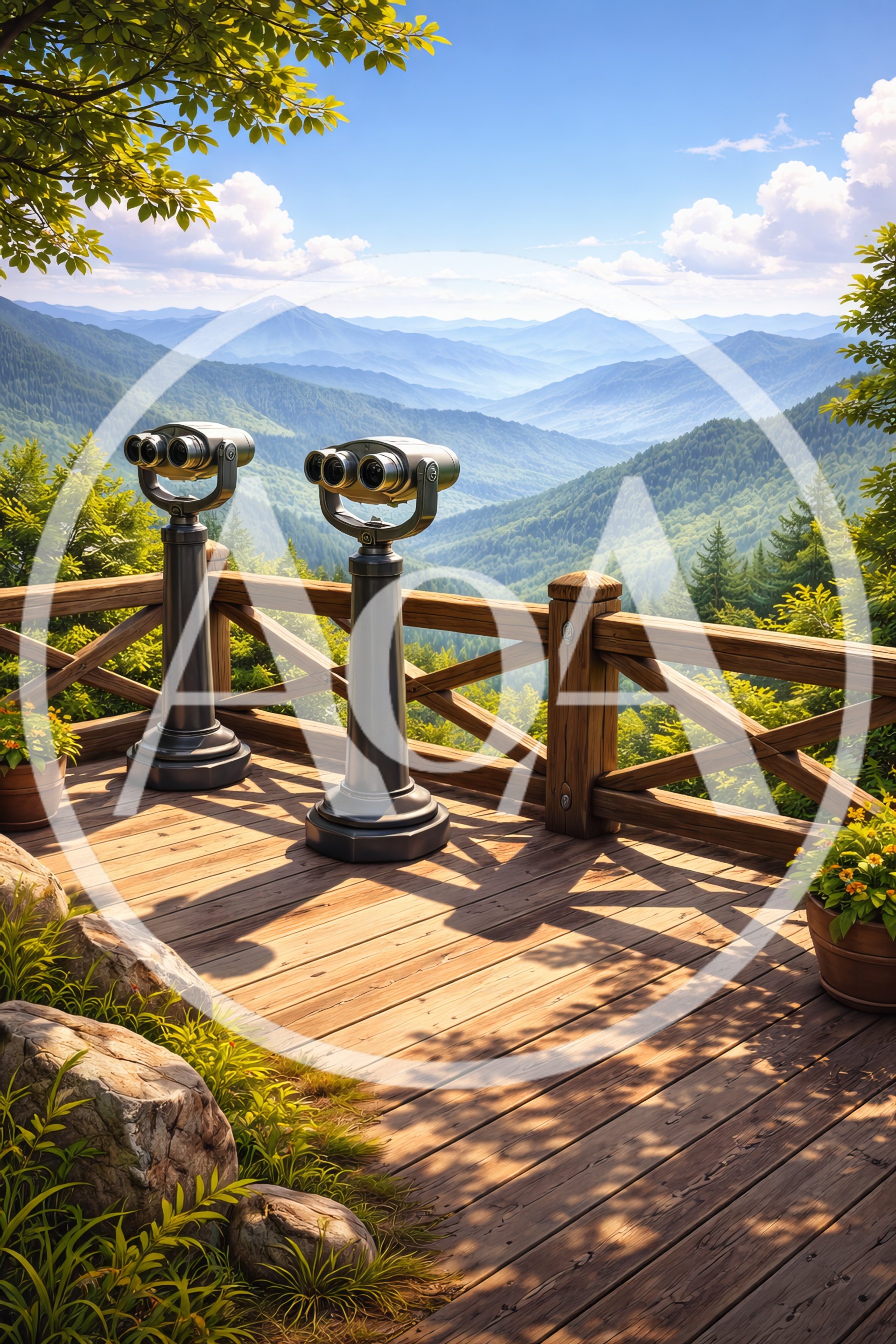 Observation Deck With Binoculars Overlooking Mountain Range