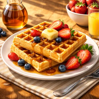 Stack Of Golden Waffles With Fresh Berries And Syrup