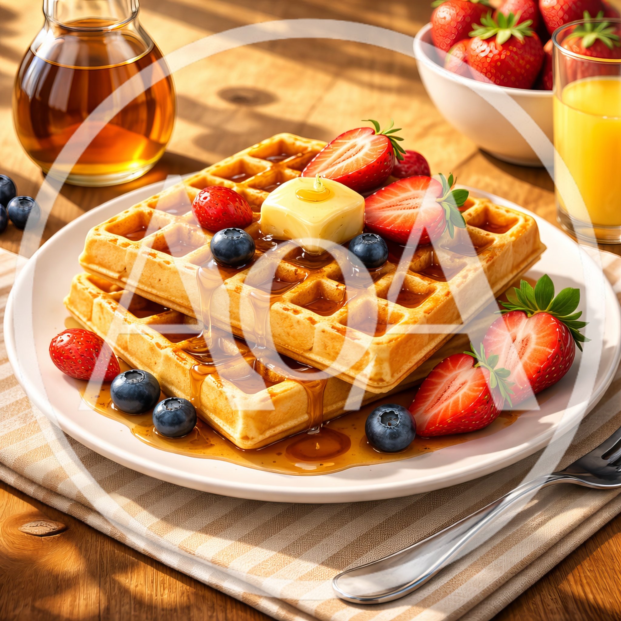 Stack Of Golden Waffles With Fresh Berries And Syrup