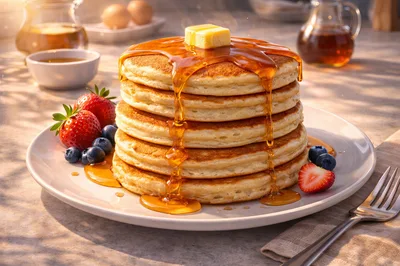 Stack Of Fluffy Pancakes With Syrup And Fresh Berries