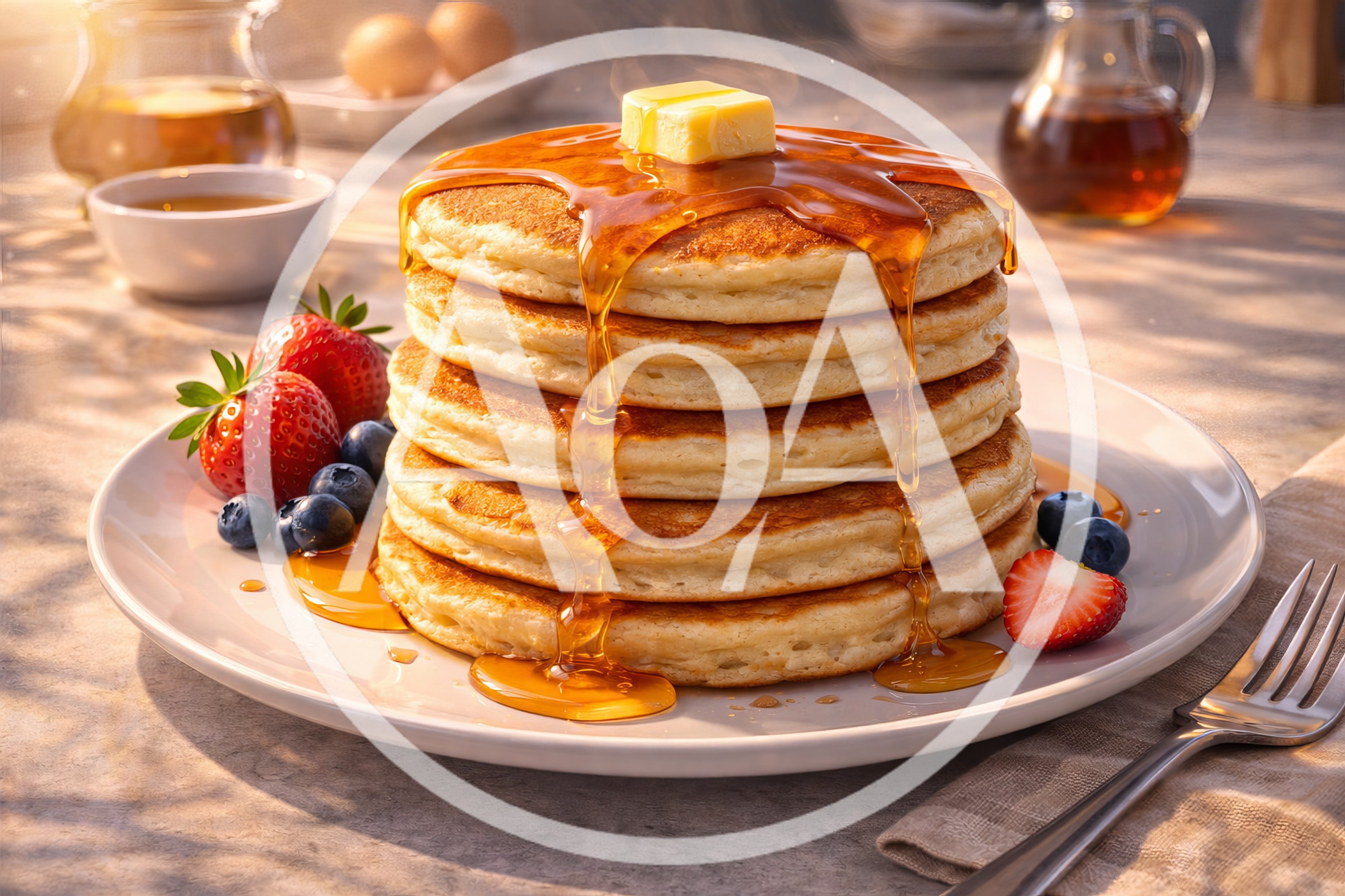 Stack Of Fluffy Pancakes With Syrup And Fresh Berries