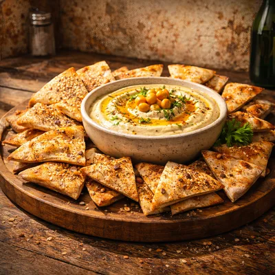 Hummus Bowl With Toasted Pita Bread Triangles