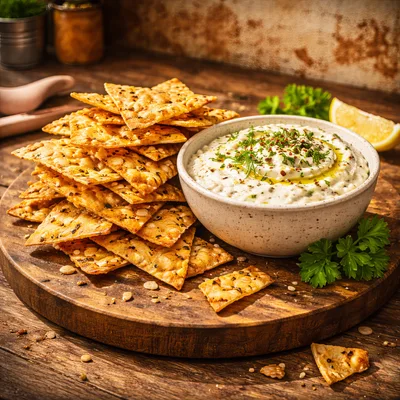 Crispy Flatbread Crackers Served With Creamy Herb Dip