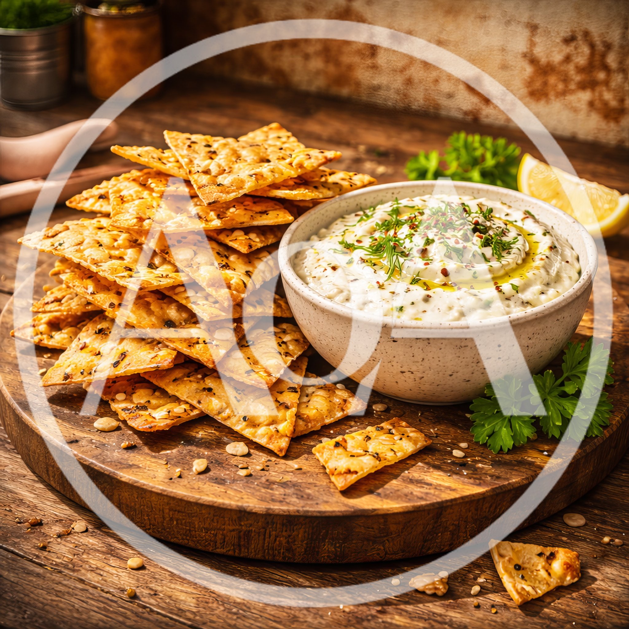 Crispy Flatbread Crackers Served With Creamy Herb Dip